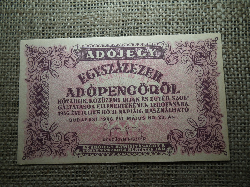 Százezer adópengő 1946 , vízjeles , sorszám nélkül ! 
