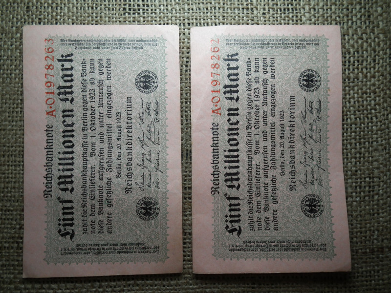 Németország 5 millió márka 1923 , 2 db sorszámkövető , fünf millionen mark 
