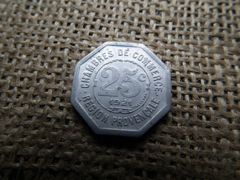 Franciaország , Provence-Alpes-Côte d'Azur régió , 25 centimes 1921 , cent