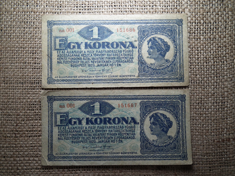 1 korona 1920 , sorszámkövető , aa001 , nagyon alacsony sorozatszám 