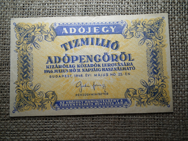 Tízmillió Adópengő 1946  , fordított címer , vízjeles 