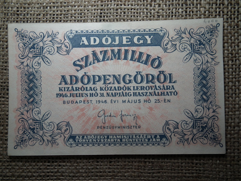 Százmillió adópengő 1946 , ef , gyönyörű 