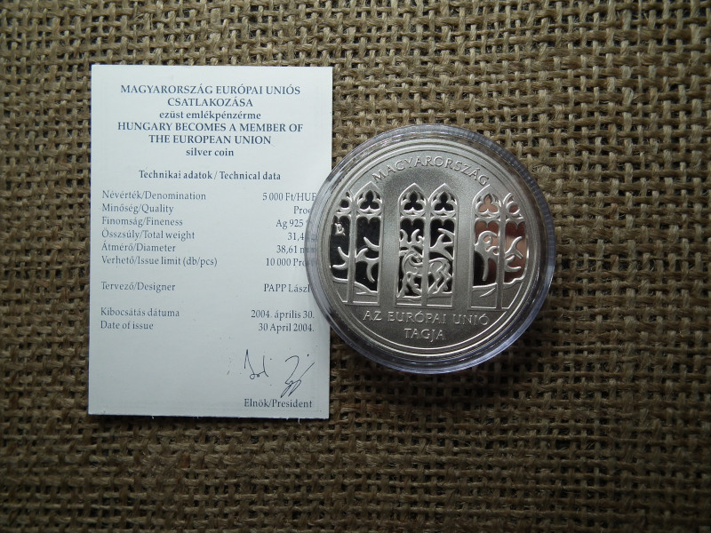 UNIÓS CSATLAKOZÁS 5000 FORINT 2004 EZÜST PP + certi 