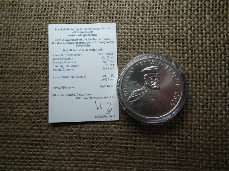 BOCSKAI ISTVÁN 5000 FORINT 2005 EZÜST BU + certi