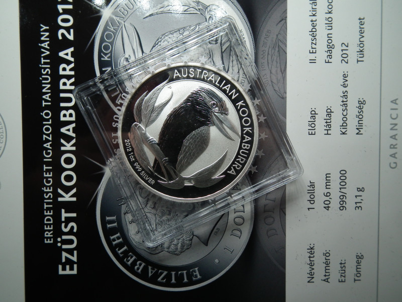 Ausztrália ezüst 1 dollár 2012 – II. Erzsébet 4. portré – ausztrál Kookaburra , ritkább , 1 uncia szín 