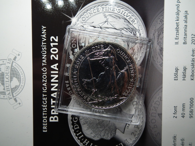 Anglia ezüst 2 pounds 2012 , font , Britannia alakja , 1 uncia szín tartalom 