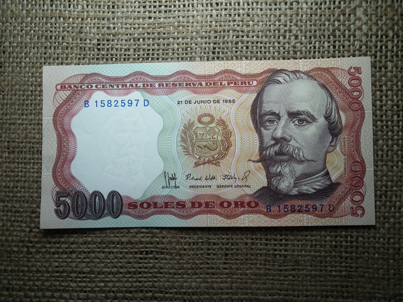 Peru 5000 soles 1985 , UNC , Soles de Oro , A3