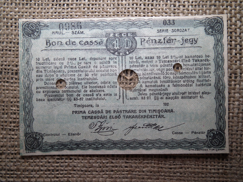 Románia 10 lei 1920 , pénztárjegy , pénztár jegy , Temesvári Első Takarék ! Extra , ritka ! Temesvár