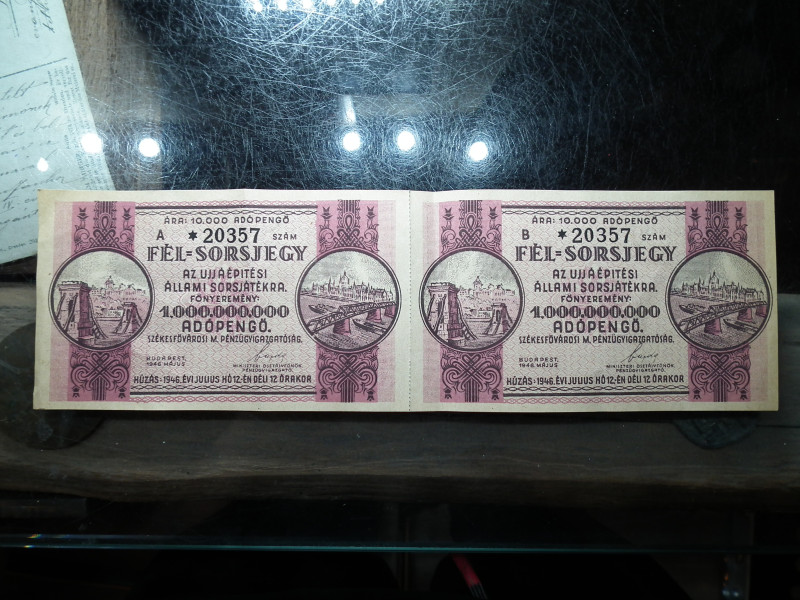 1946 Fél sorsjegy az Újjáépítési Állami Sorsjátékra fél sorsjegy 1.000.000.000 Adópengő , A - B , pár