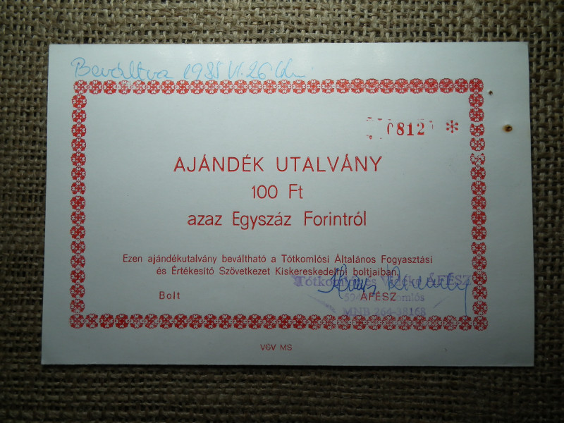 1985 Tótkomlós és Vidéke ÁFÉSZ 100 forint ajándék utalvány