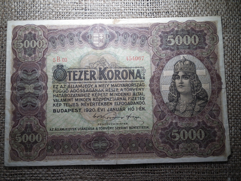 5000 korona 1920 , Orell  , eredeti tartás 