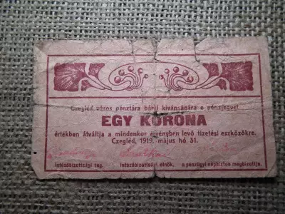 1 korona 1919 Czegléd ! Cegléd város pénztára 