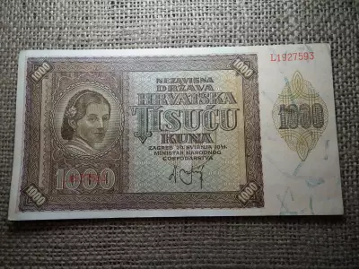 Horvátország , 1000 kuna 1941 bankjegy , xf