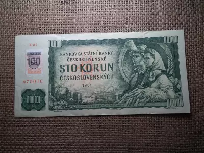 Csehszlovákia 100 korona 1961 , Szlovákia felülbélyegzés  , korun , bankjegy 