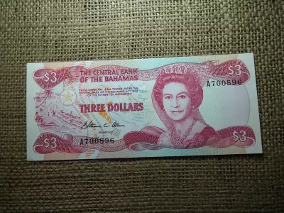 Bahamák , 3 dollár 1974 , 1984 !  dollars , unc bankjegy 