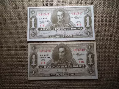 Bolívia 1 boliviano 1928  ( 1952 ) 2 db sorszámkövető bankjegy 