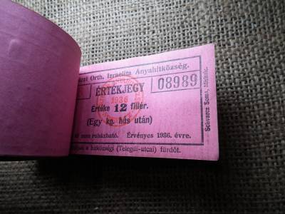 Miskolc , Miskolczi Ortodox Izraelita Hitközség ! Értékjegy 12 fillér 1936 , 1 kg hús , Orth. ! Ritka teljes köteg ! 100 db sorszámkövető !
