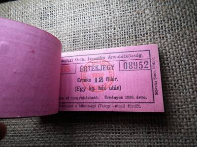 Miskolc , Miskolczi Ortodox Izraelita Hitközség ! Értékjegy 12 fillér 1936 , 1 kg hús , Orth. ! Ritka teljes köteg ! 100 db sorszámkövető !