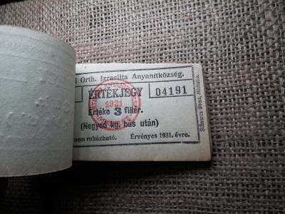 Miskolc , Miskolczi Ortodox Izraelita Hitközség ! Értékjegy 3 fillér 1931 , 1/4 kg hús , Orth. ! Ritka köteg ! 99 db sorszámkövető !