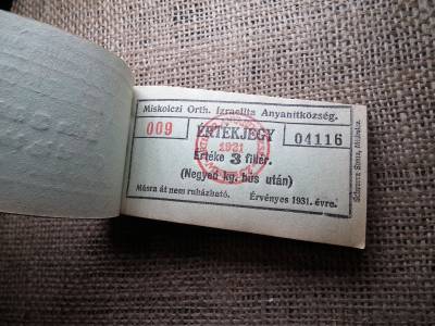 Miskolc , Miskolczi Ortodox Izraelita Hitközség ! Értékjegy 3 fillér 1931 , 1/4 kg hús , Orth. ! Ritka köteg ! 99 db sorszámkövető !