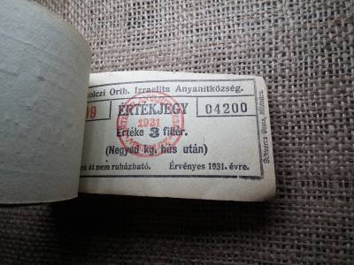Miskolc , Miskolczi Ortodox Izraelita Hitközség ! Értékjegy 3 fillér 1931 , 1/4 kg hús , Orth. ! Ritka köteg ! 99 db sorszámkövető !