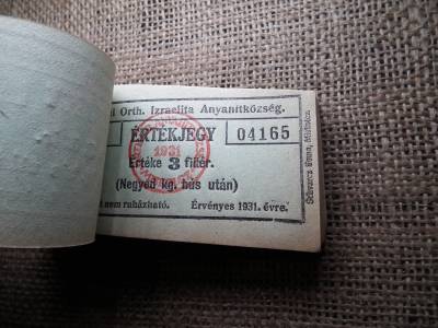 Miskolc , Miskolczi Ortodox Izraelita Hitközség ! Értékjegy 3 fillér 1931 , 1/4 kg hús , Orth. ! Ritka köteg ! 99 db sorszámkövető !