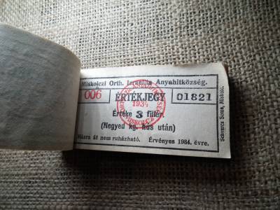 Miskolc , Miskolczi Ortodox Izraelita Anyahitközség ! Értékjegy 3 fillér 1943 , 1/4 kg hús , Orth. ! Ritka köteg ! 95 db sorszámkövető !