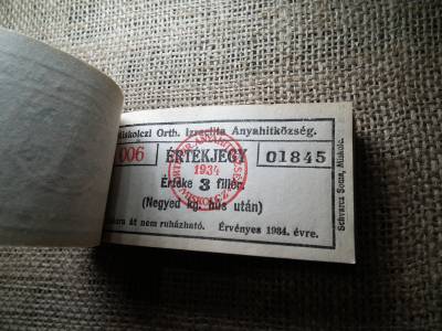 Miskolc , Miskolczi Ortodox Izraelita Anyahitközség ! Értékjegy 3 fillér 1943 , 1/4 kg hús , Orth. ! Ritka köteg ! 95 db sorszámkövető !