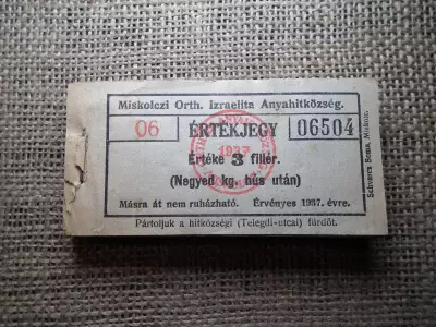 Miskolc , Miskolczi Ortodox Izraelita Anyahitközség ! Értékjegy 3 fillér 1937 , 1/4 kg hús , Orth. ! Ritka köteg ! 97 db sorszámkövető !