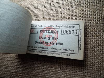 Miskolc , Miskolczi Ortodox Izraelita Anyahitközség ! Értékjegy 3 fillér 1937 , 1/4 kg hús , Orth. ! Ritka köteg ! 97 db sorszámkövető !
