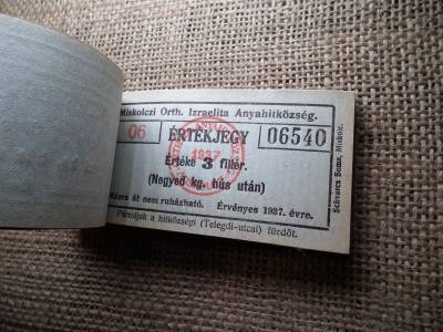 Miskolc , Miskolczi Ortodox Izraelita Anyahitközség ! Értékjegy 3 fillér 1937 , 1/4 kg hús , Orth. ! Ritka köteg ! 97 db sorszámkövető !