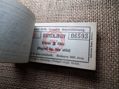 Miskolc , Miskolczi Ortodox Izraelita Anyahitközség ! Értékjegy 3 fillér 1937 , 1/4 kg hús , Orth. ! Ritka köteg ! 97 db sorszámkövető !