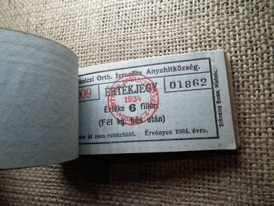 Miskolc , Miskolczi Ortodox Izraelita Anyahitközség ! Értékjegy 6 fillér 1934 , 1/2 kg hús , Orth. ! Ritka köteg ! 97 db sorszámkövető !