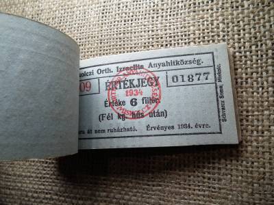 Miskolc , Miskolczi Ortodox Izraelita Anyahitközség ! Értékjegy 6 fillér 1934 , 1/2 kg hús , Orth. ! Ritka köteg ! 97 db sorszámkövető !
