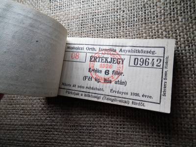 Miskolc , Miskolczi Ortodox Izraelita Anyahitközség ! Értékjegy 6 fillér 1936 , 1/2 kg hús , Orth. ! Ritka köteg ! 98 db sorszámkövető !