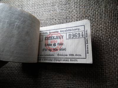 Miskolc , Miskolczi Ortodox Izraelita Anyahitközség ! Értékjegy 6 fillér 1936 , 1/2 kg hús , Orth. ! Ritka köteg ! 98 db sorszámkövető !