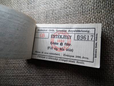 Miskolc , Miskolczi Ortodox Izraelita Anyahitközség ! Értékjegy 6 fillér 1936 , 1/2 kg hús , Orth. ! Ritka köteg ! 98 db sorszámkövető !