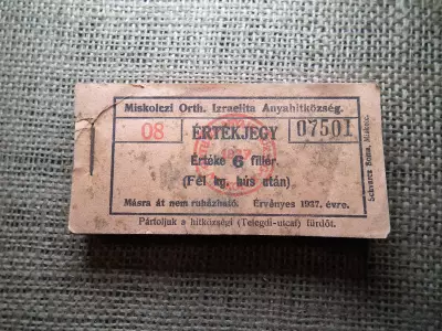 Miskolc , Miskolczi Ortodox Izraelita Anyahitközség ! Értékjegy 6 fillér 1937 , 1/2 kg hús , Orth. ! Ritka teljes köteg ! 100 db sorszámkövető !