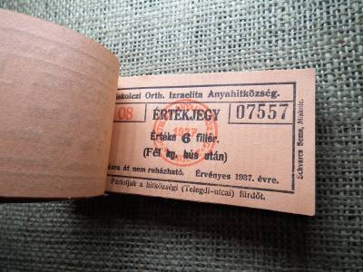 Miskolc , Miskolczi Ortodox Izraelita Anyahitközség ! Értékjegy 6 fillér 1937 , 1/2 kg hús , Orth. ! Ritka teljes köteg ! 100 db sorszámkövető !