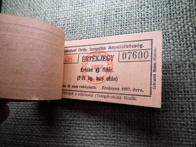 Miskolc , Miskolczi Ortodox Izraelita Anyahitközség ! Értékjegy 6 fillér 1937 , 1/2 kg hús , Orth. ! Ritka teljes köteg ! 100 db sorszámkövető !
