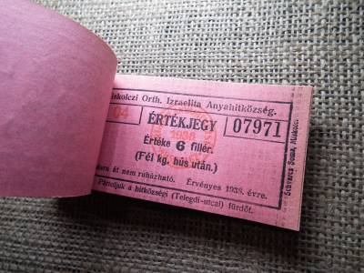 Miskolc , Miskolczi Ortodox Izraelita Anyahitközség ! Értékjegy 6 fillér 1938 , 1/2 kg hús , Orth. ! Ritka teljes köteg ! 97 db sorszámkövető !