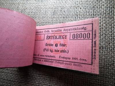 Miskolc , Miskolczi Ortodox Izraelita Anyahitközség ! Értékjegy 6 fillér 1938 , 1/2 kg hús , Orth. ! Ritka teljes köteg ! 97 db sorszámkövető !