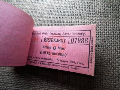 Miskolc , Miskolczi Ortodox Izraelita Anyahitközség ! Értékjegy 6 fillér 1938 , 1/2 kg hús , Orth. ! Ritka teljes köteg ! 97 db sorszámkövető !