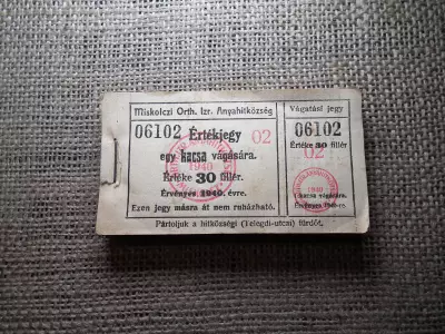 Miskolc , Miskolczi Ortodox Izraelita Anyahitközség ! Értékjegy 30 fillér 1940 , 1 kacsa vágására  , Orth. ! Ritka köteg ! 99 db sorszámkövető !