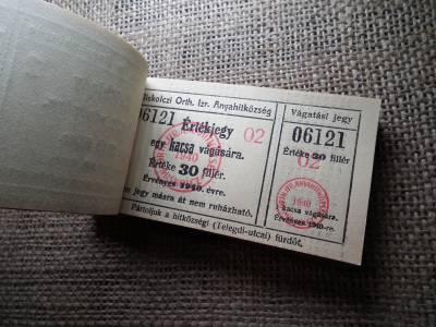 Miskolc , Miskolczi Ortodox Izraelita Anyahitközség ! Értékjegy 30 fillér 1940 , 1 kacsa vágására  , Orth. ! Ritka köteg ! 99 db sorszámkövető !