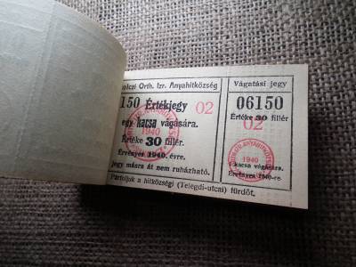 Miskolc , Miskolczi Ortodox Izraelita Anyahitközség ! Értékjegy 30 fillér 1940 , 1 kacsa vágására  , Orth. ! Ritka köteg ! 99 db sorszámkövető !