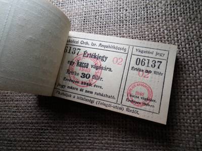 Miskolc , Miskolczi Ortodox Izraelita Anyahitközség ! Értékjegy 30 fillér 1940 , 1 kacsa vágására  , Orth. ! Ritka köteg ! 99 db sorszámkövető !