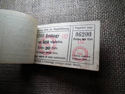 Miskolc , Miskolczi Ortodox Izraelita Anyahitközség ! Értékjegy 30 fillér 1940 , 1 kacsa vágására  , Orth. ! Ritka köteg ! 99 db sorszámkövető !