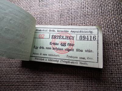 Miskolc , Miskolczi Ortodox Izraelita Anyahitközség ! Értékjegy 48 fillér 1940 , 1 db liba  ! Ritka köteg ! 99 db sorszámkövető !