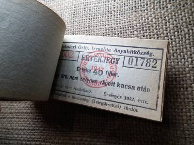 Miskolc , Miskolczi Ortodox Izraelita Anyahitközség ! Értékjegy 40 fillér 1942 , 1 kacsa  , Orth. ! Ritka köteg ! 97 db sorszámkövető !